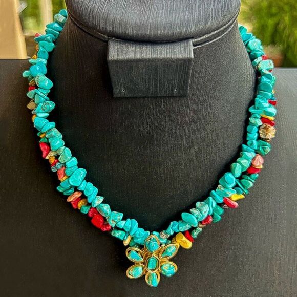 Vintage Turquoise & Gold Necklace with Detachable Statement Pendant - Picture 1 of 10